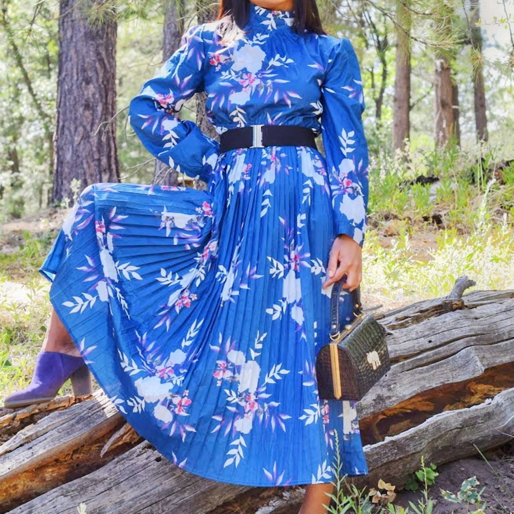 Floral Blue Long Sleeve Pleated Maxi Dress !FIXED PRICE!